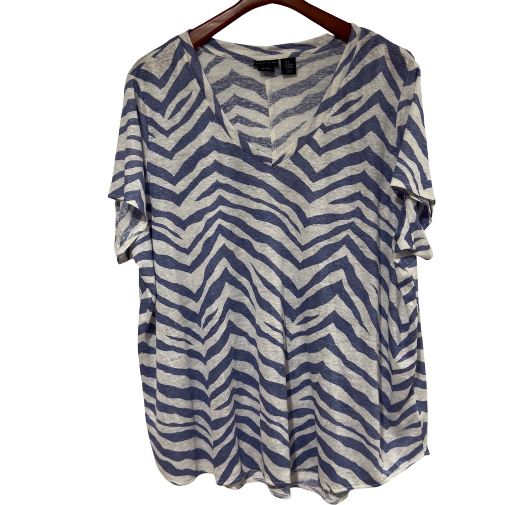 Tahari Women's Blue‎ White Zebra Print Linen Top Size 2X